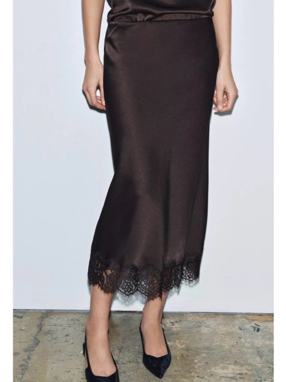 Zara Dark Brown Satin Midi Skirt with Lace Hem